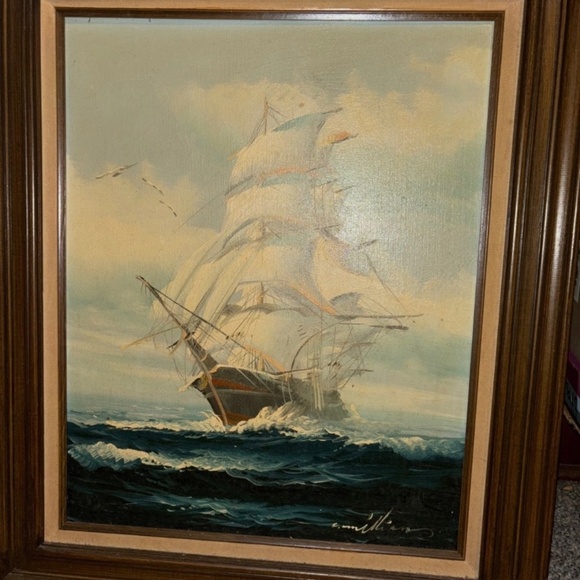C. Million Vintage Clipper Ship Boat Oil Canvas Painting Nautical Maritime - Picture 1 of 2